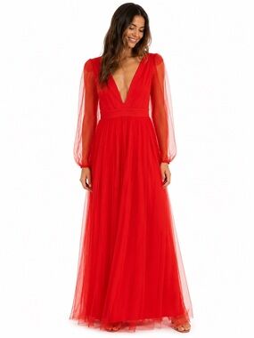 Flowing Red V-Neck Maxi Dress with Sheer Long Sleeves